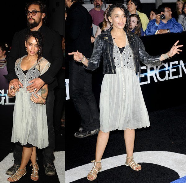Lisa Bonet, 5ft 2 inches (157.5 cm), wears a sheer white embellished dress with metallic gladiator sandals and a black leather jacket, joined by husband Jason Momoa, 6ft 4 inches (193 cm), as they support daughter Zoë Kravitz