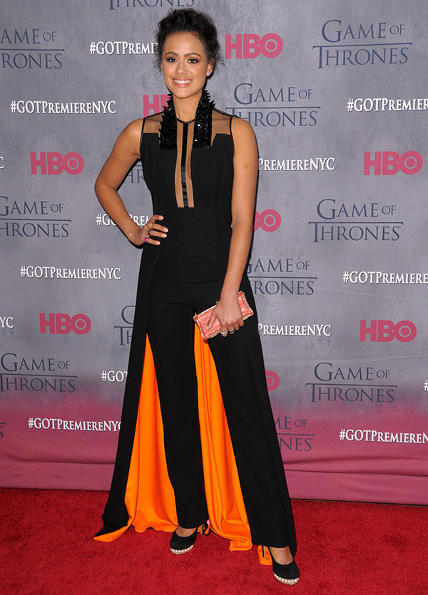 Nathalie Emmanuel in Georges Chakra Spring 2013 jumpsuit