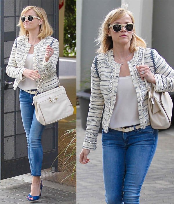 Reese Witherspoon classy jeans look in Beverly Hills with a Jason Wu bag