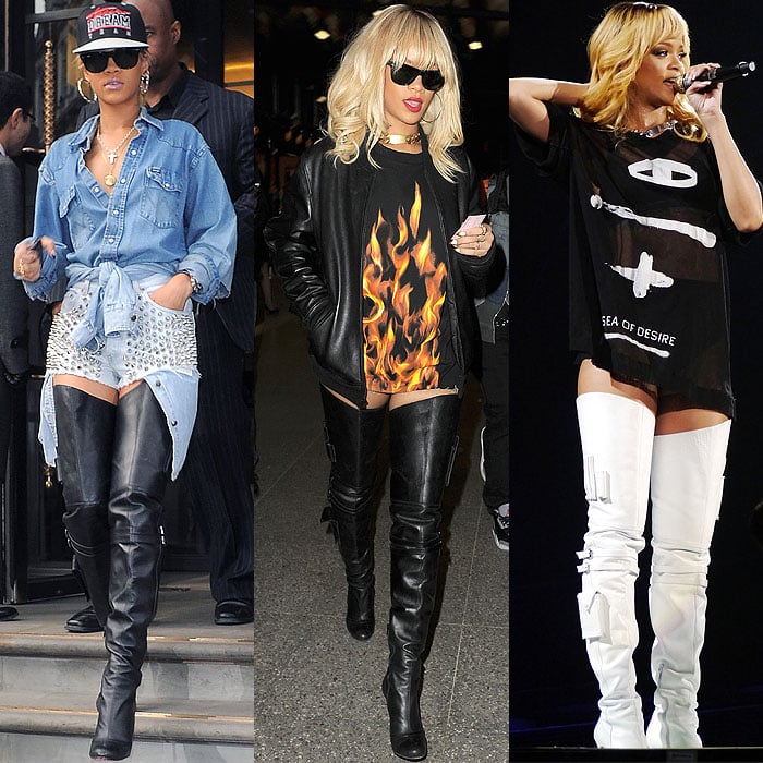 Rihanna showcases the versatility of the Christian Louboutin "Seann Girl" over-the-knee boots, known for their unique features like a cell phone pocket, across various occasions, from leaving her hotel and riding the tube in London in 2012 to performing on her Diamonds World Tour in 2013