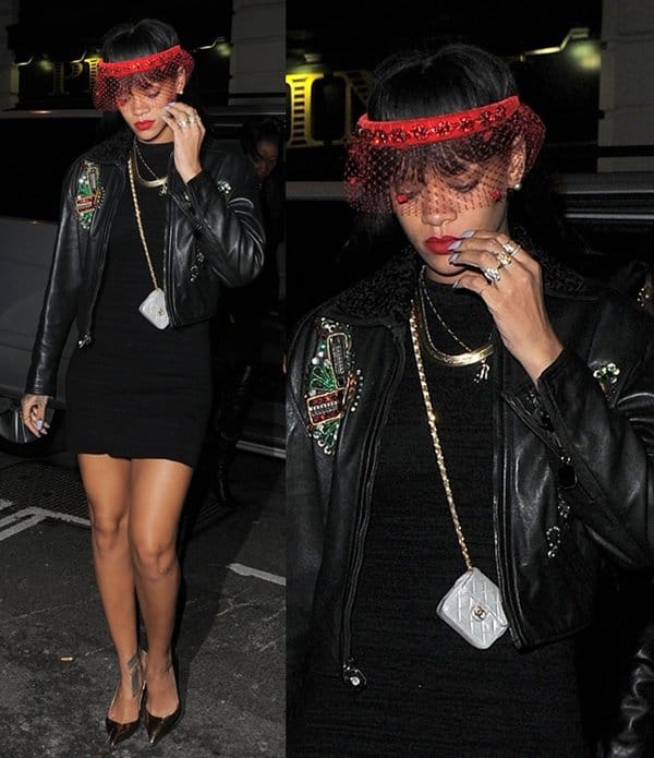 Rihanna turns heads outside Tramp nightclub in London on March 27, 2014, wearing Christian Louboutin So Kate pumps in metallic gold, a form-fitting LBD, and a cropped embellished leather jacket
