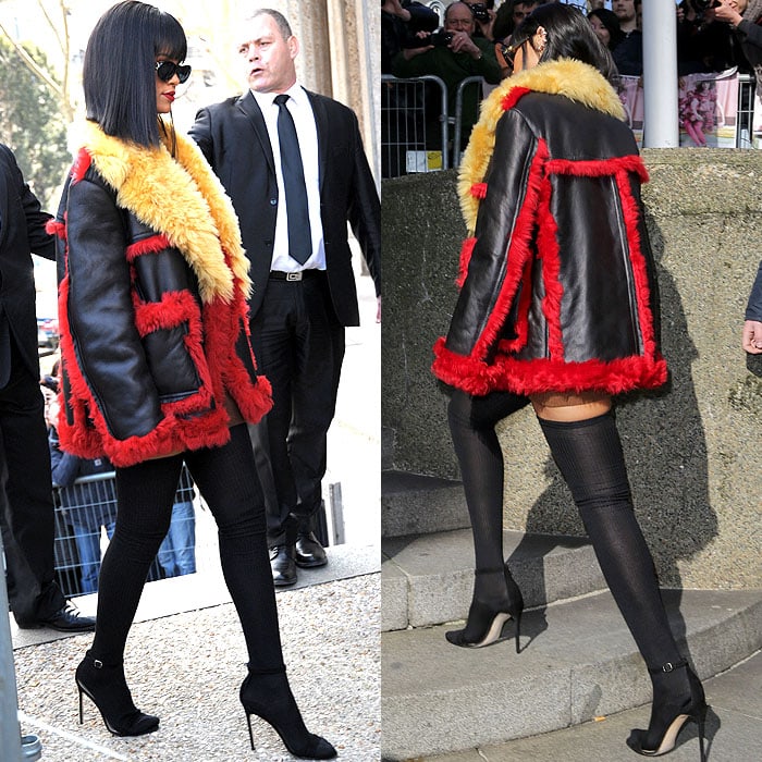 Rihanna exuded a strong diva vibe through her sharp Cleopatra bob, dark cat-eye sunglasses, multiple ear cuffs, and slim, long black-clad legs.
