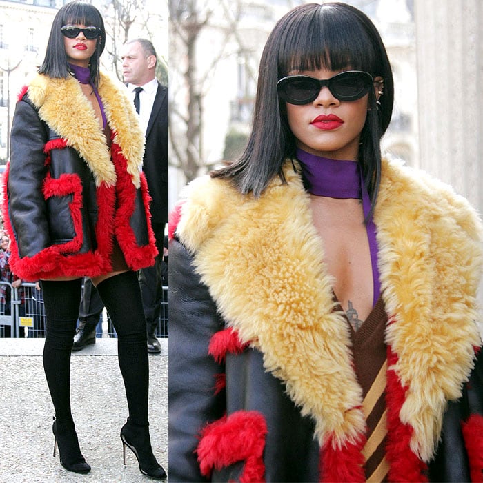 Channel Rihanna’s bold Paris Fashion Week look by pairing a statement shearling coat with sleek black tights, pointed heels, and edgy sunglasses for diva vibes