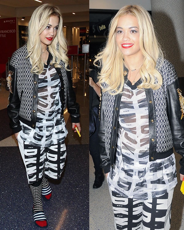 Rita Ora wore a DKNY printed tunic with matching terry and stretch-silk shorts