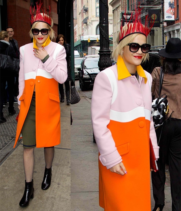 Rita Ora showcases a colorful ensemble from the Prada Spring/Summer 2014 collection, brightening up Soho on March 12, 2014, in New York City