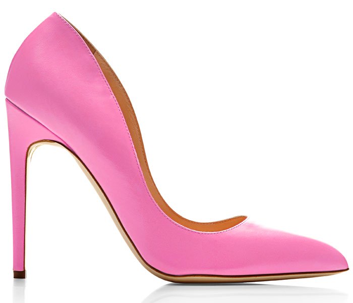 A classic Rupert Sanderson Elba pump in bubblegum pink leather, defined by a refined pointed toe and a sleek stiletto heel that balances elegance with playful color