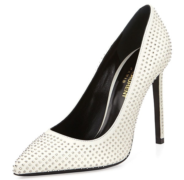 Saint Laurent 'Paris' Studded Pointed-Toe Pumps in White/Silver