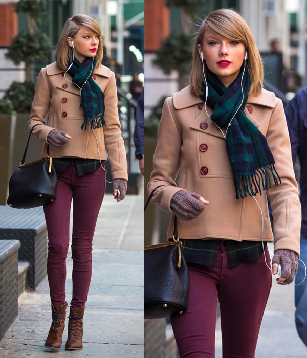 Taylor Swift completes her chic look with cognac Frye Courtney boots while shopping at the Steven Alan store in Tribeca, NYC on March 27, 2014