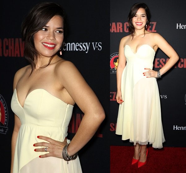 America Ferrera glows in a strapless pale-yellow Sportmax dress paired with matching coral lips and a confident red-carpet smile at the Cesar Chavez premiere