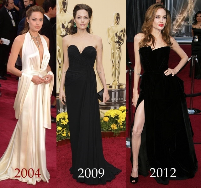 The changing Oscar looks of Angelina Jolie — from a fluid ivory Marc Bouwer gown with peep-toe heels in 2004, to a strapless black Elie Saab column dress in 2009, and the unforgettable 2012 Atelier Versace velvet gown paired with matching black pumps that sparked a viral leg-slit moment