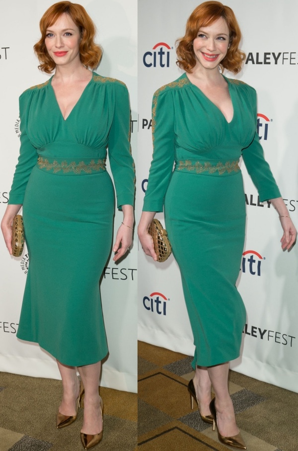 Christina Hendricks paired her emerald green L’Wren Scott dress with sharp gold metallic pointed-toe pumps and a matching clutch, letting the warm metallic accessories highlight the gown’s intricate embroidery and vintage-inspired silhouette