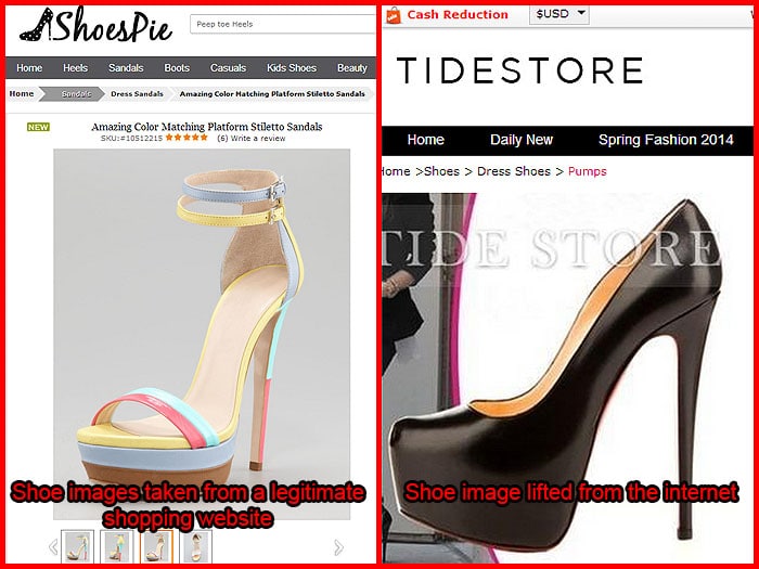 Scam sites frequently reuse photos taken from real e-commerce platforms or random internet sources to sell counterfeit shoes