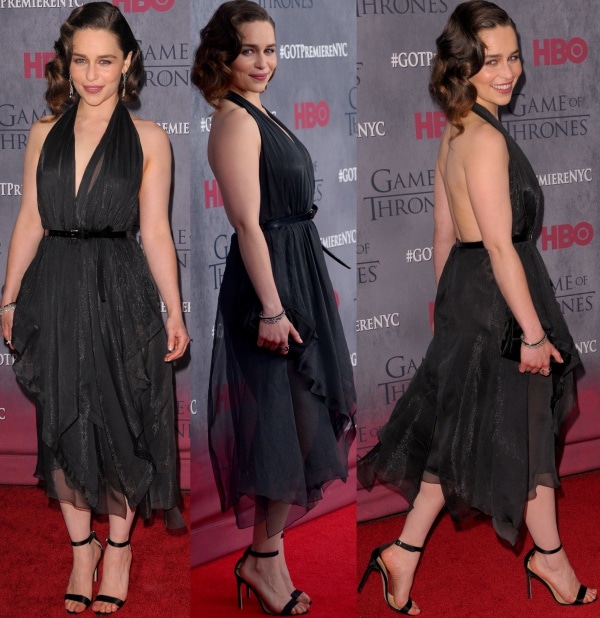 Emilia Clarke lets a sheer, handkerchief-hem Donna Karan halter dress flow around Manolo Blahnik “Chaos” sandals, whose thin ankle straps and stiletto heel keep the look sharp and uninterrupted at the premiere of the fourth season of Game of Thrones