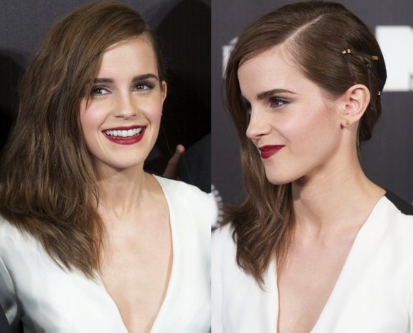 Emma Watson’s sleek side-swept hairstyle and bold berry lips exude effortless glamour and edgy sophistication