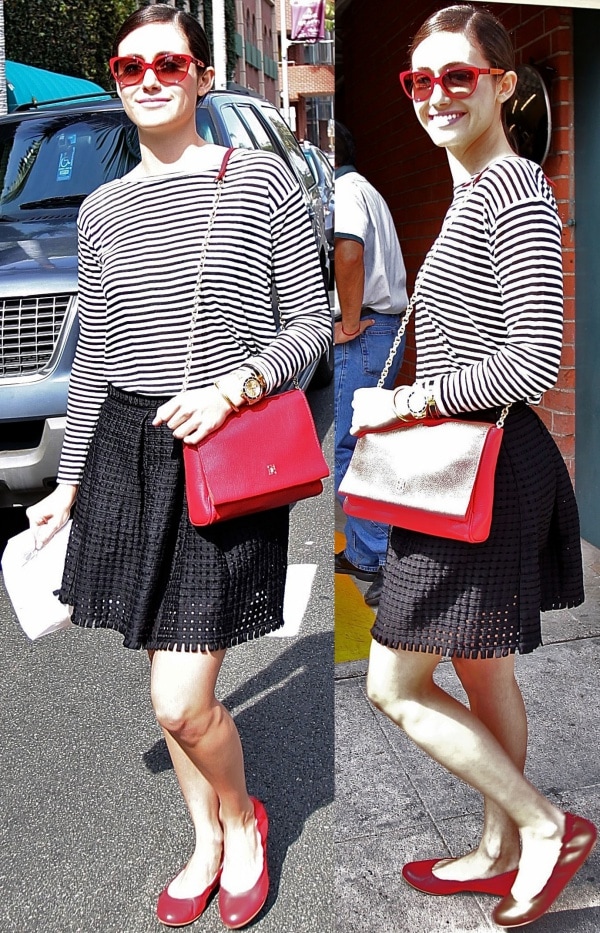 Emmy Rossum wearing a black-and-white striped shirt from HM's Conscious Collection