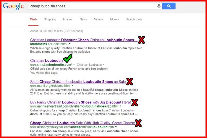 A quick Google search for “cheap Louboutin shoes” reveals fake websites—legitimate retailers never use phrases like “discount” or “wholesale”
