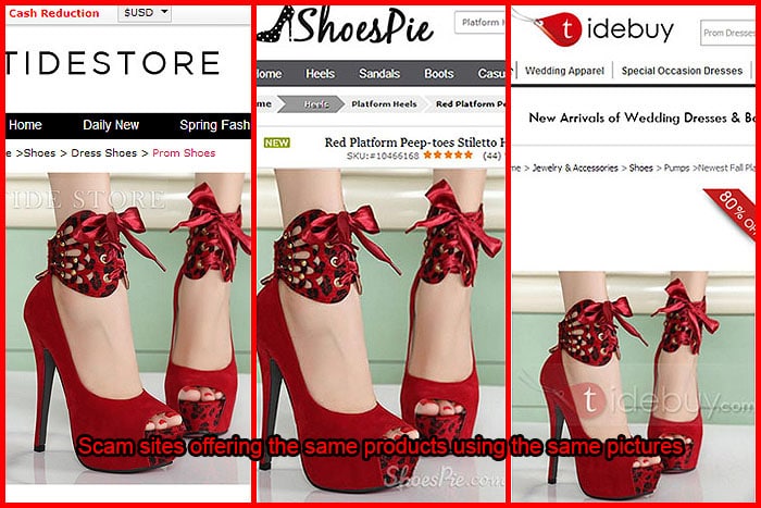 Fraudulent sites like TideStore, ShoesPie, and TideBuy display identical product photos to market the same fake designer heels