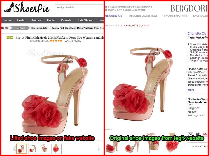 Fake retailers like ShoesPie often steal product images from legitimate luxury stores such as Bergdorf Goodman to appear authentic