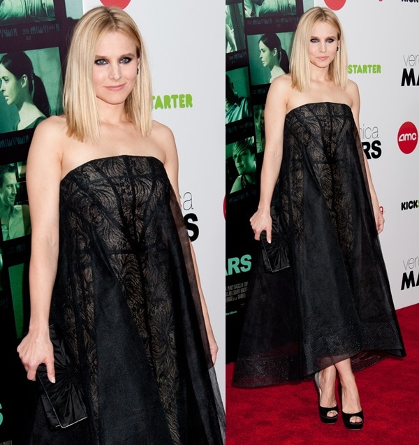 Kristen Bell makes a dramatic statement in a strapless black Monique Lhuillier gown paired with classic black Jimmy Choo peep-toe pumps at the Veronica Mars movie premiere