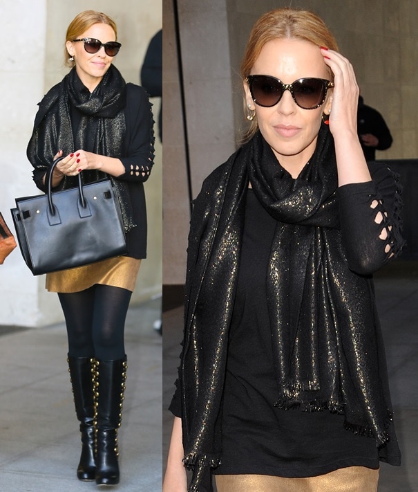 Kylie Minogue elevates her look with a sparkly scarf and statement boots