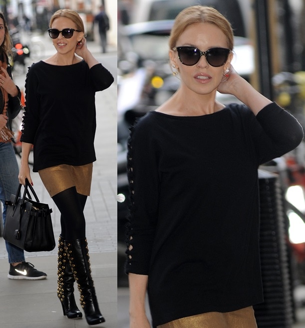 Kylie Minogue flaunting her chic knee-high boots at Radio 1 studios in London