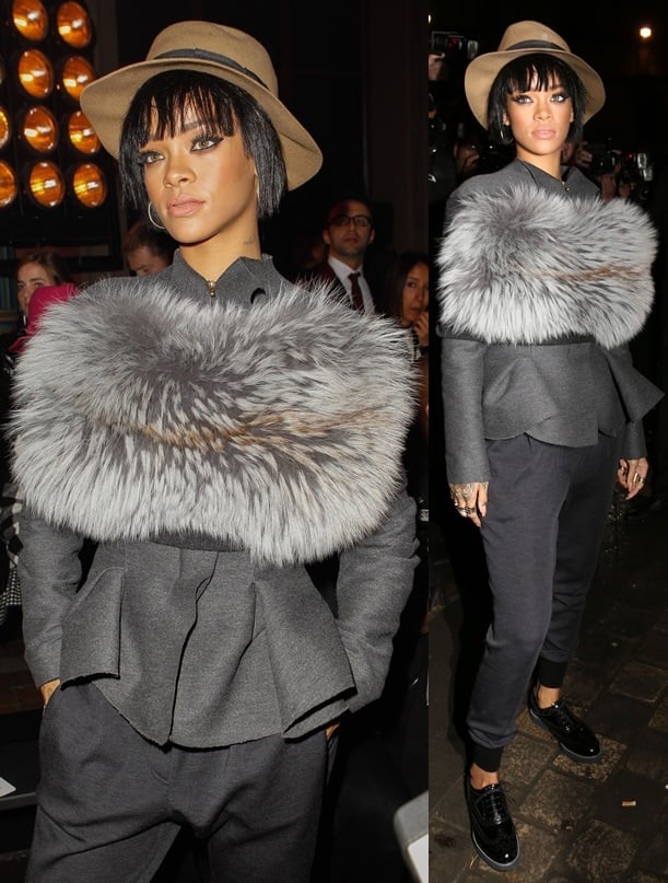 Rihanna wearing Lanvin from head to toe at the label's Fall 2014 presentation during Paris Fashion Week on February 27, 2014