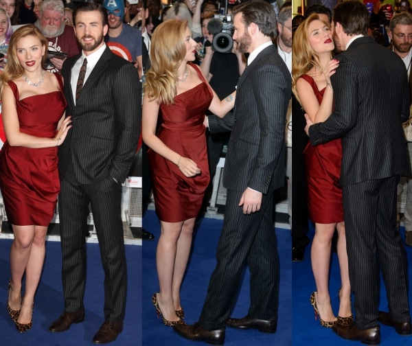Scarlett Johansson with Chris Evans at the premiere of 'Captain America: The Winter Soldier' held at Westfield London in London, England, on March 20, 2014