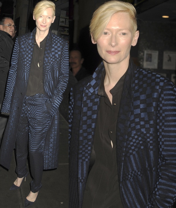 Tilda Swinton exuded sleek sophistication in a Haider Ackermann checkerboard coat and trousers with black suede pumps at the New York screening of “Only Lovers Left Alive” on March 12, 2014