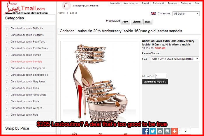 A listing offering $205 Louboutins is a classic red flag—luxury shoes at steep discounts are almost always counterfeit