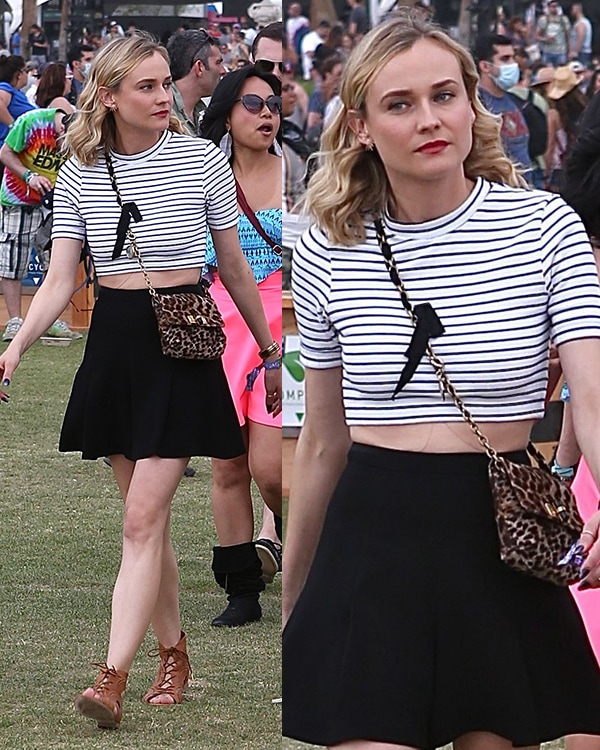 Diane Kruger adds a polished twist to festival dressing with a structured crossbody bag and softly waved hair that elevates her casual look