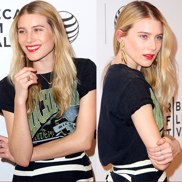 Dree Hemingway wearing a college basketball t-shirt