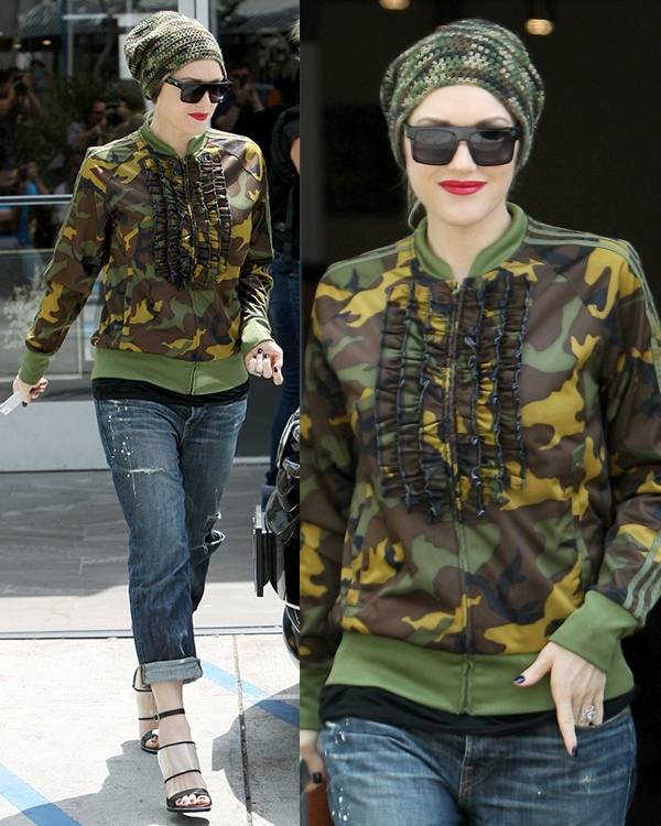 Gwen Stefani spotted in West Hollywood, sporting an Adidas Jeremy Scott camo jacket, matching beanie, and L.A.M.B. sandals