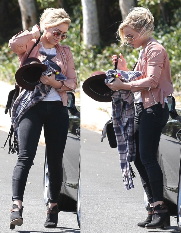 Hilary Duff styles her Rag Bone booties with an IRO jacket and a plaid scarf