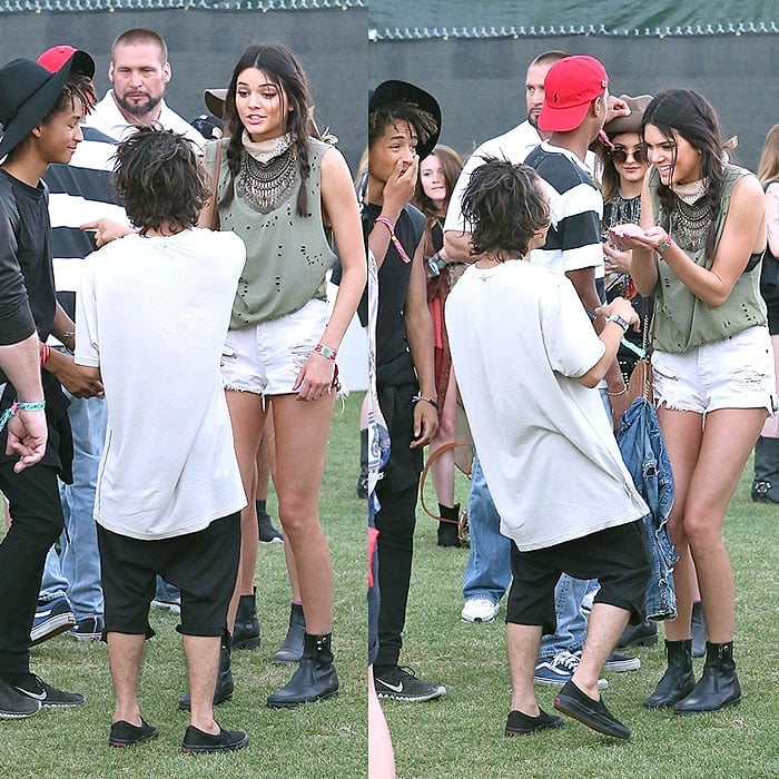 Jaden Smith, Moises Arias, Kylie Jenner, and Kendall Jenner celebrating Moises Arias' 20th birthday at Coachella in Indio, California, on April 18, 2014