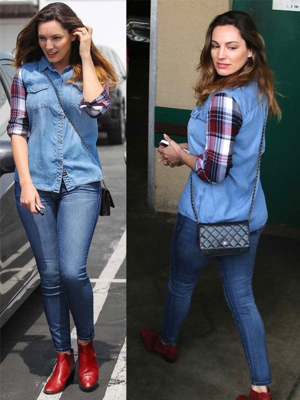 Kelly Brook pairs cropped jeans with a Rails Harper denim button-down shirt