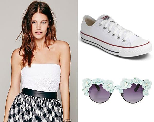 Kendall Jenner–inspired festival look featuring a Free People Honey Textured Tube, Converse Chuck Taylor low-top sneakers, and Gasoline Glamour floral sunglasses