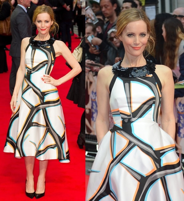 Leslie Mann wears a geometric-patterned fit-and-flare dress on the red carpet