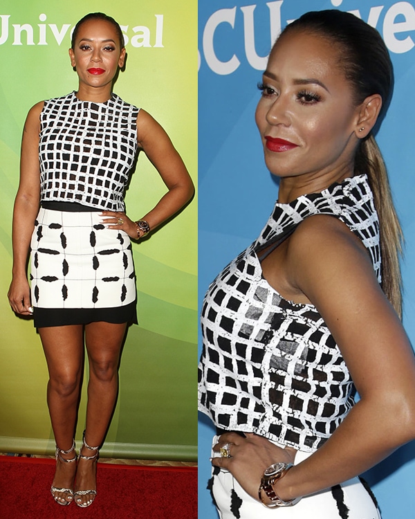 Mel B's slicked back hair and red lipstick