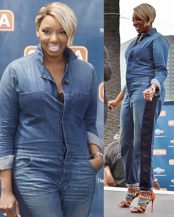 Nene Leakes wearing a denim jumpsuit and strappy embellished sandals