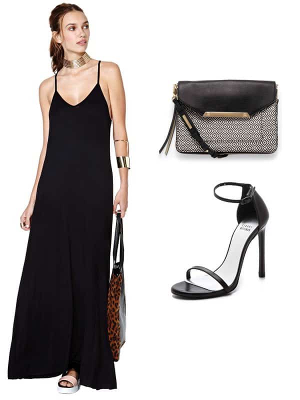 Olivia Munn's effortlessly chic look includes the Nasty Gal "Moxy" maxi dress, Stuart Weitzman "Nudist" single-band sandals, and the Stella Dot "Tia" cross-body mosaic tile bag