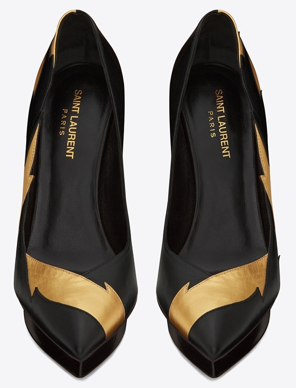 Saint Laurent 'Janis' Escarpin Applique Pumps in Black Leather and Gold Metallic Leather