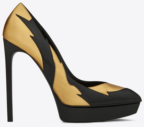 Saint Laurent 'Janis' Escarpin Applique Pumps in Black Leather and Gold Metallic Leather