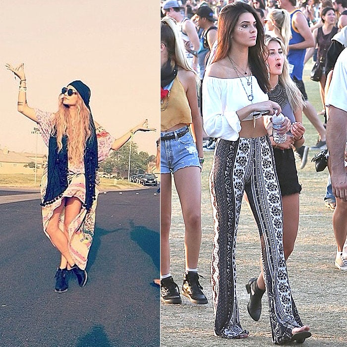 Left: Via Vanessa Hudgens's Instagram: Vanessa poses in flowy tasseled layers; Right: Kendall Jenner wears printed bell bottoms during the second day of Coachella's second weekend