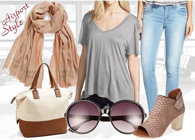 Effortlessly chic airport style inspired by Cameron Diaz, featuring a grey tee, metallic scarf, tote bag, sunglasses, jeans, and open-toe booties