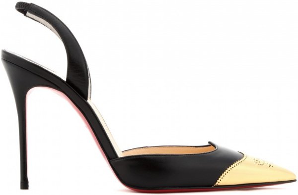 The distinctive Christian Louboutin "Calamijane" Pumps, known for their black leather, gold perforated toe caps, and signature red soles, were priced at $895