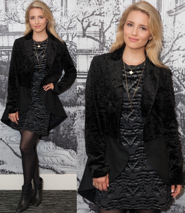 Dianna Agron sharpens her all-black ensemble with a textured Rodarte tail coat and graphic Theory dress, grounding the look in sheer tights and sleek ankle boots