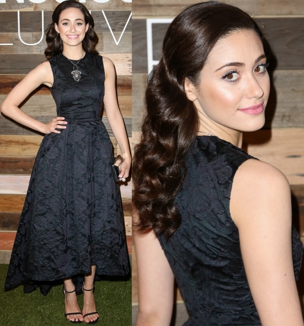 Emmy Rossum in a brocade dress at the HM Conscious Collection dinner