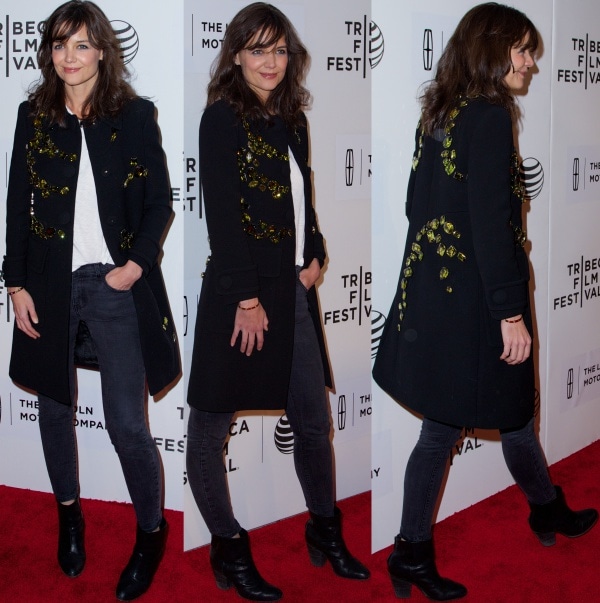 Katie Holmes wearing a beautiful black wool coat from Prada's Spring 2014 collection