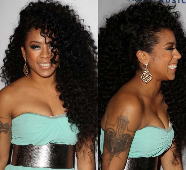 Keyshia Cole at the 2014 post-Grammy party in L.A., rocking a strapless blue dress and a striking metallic waistband