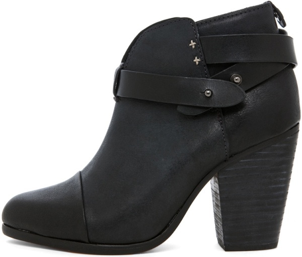 Rag Bone “Harrow” Leather Ankle Booties in Black with Wraparound Straps and Stacked Heel, originally retailing for $495